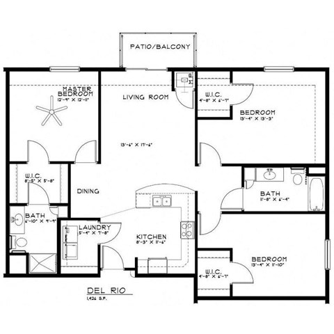 Floor plan for 3 beds, 2 baths, 1426 sqft