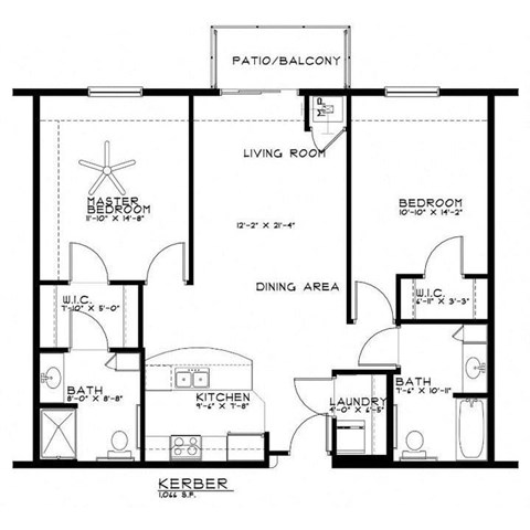 Floor plan for 2 beds, 2 baths, 1066 sqft