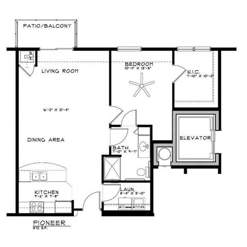 Floor plan for 1 bed, 1 bath, 872 sqft