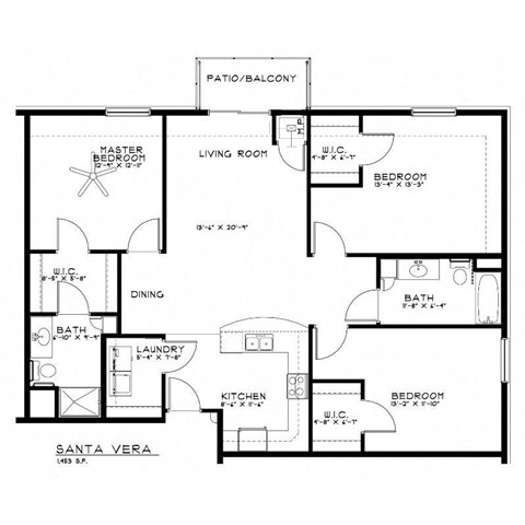 Floor plan for 3 beds, 2 baths, 1453 sqft