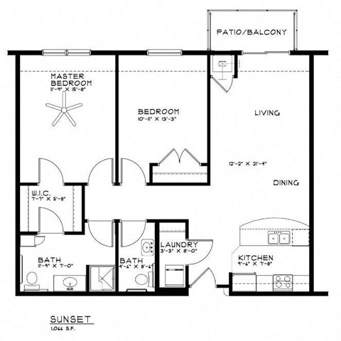 Floor plan for 2 beds, 1.5 baths, 1066 sqft