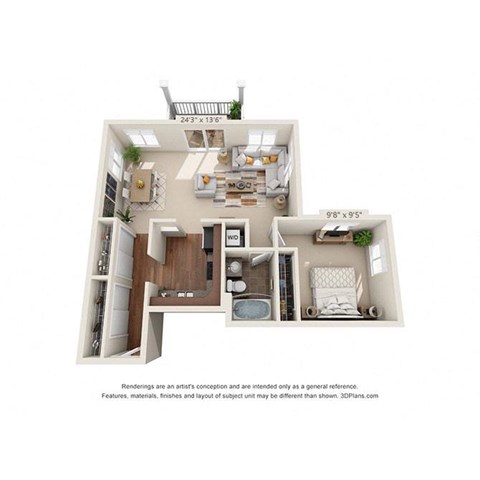 Floor plan for 1 bed, 1 bath, 728 sqft