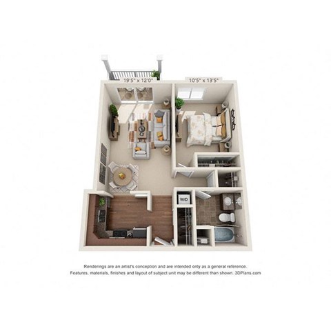 Floor plan for 1 bed, 1 bath, 685 sqft