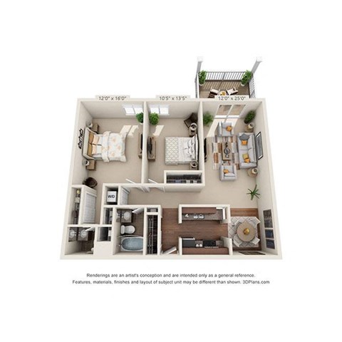 Floor plan for 2 beds, 1.5 baths, 1029 sqft