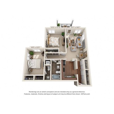 Floor plan for 2 beds, 1.5 baths, 918 sqft