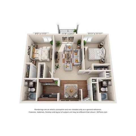 Floor plan for 2 beds, 2 baths, 1020 sqft
