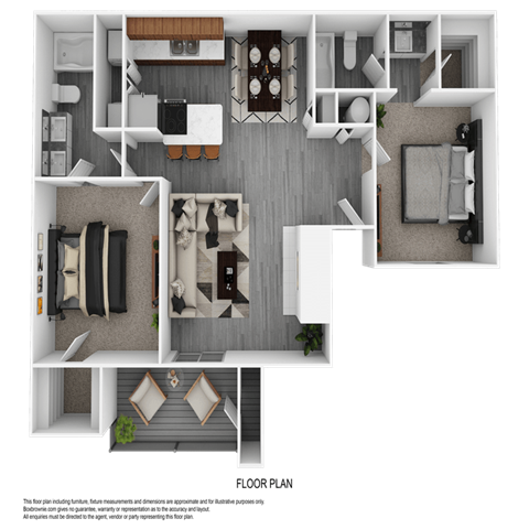 Floor plan for 2 beds, 2 baths, 940 sqft