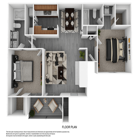 Floor plan for 2 beds, 2 baths, 975 sqft