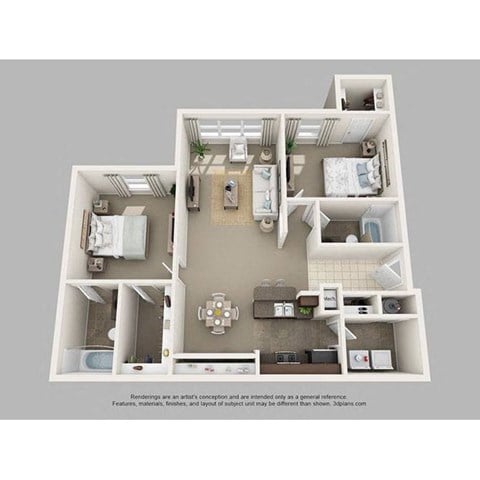 Floor plan for 2 beds, 2 baths, 1081 sqft