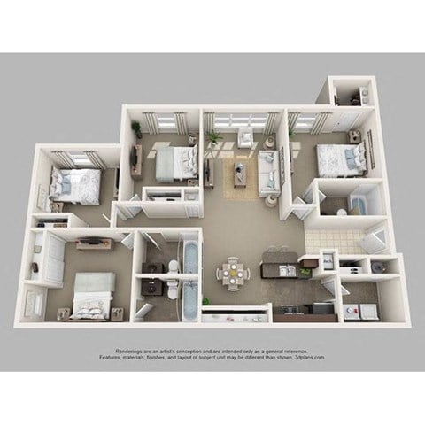 Floor plan for 4 beds, 3 baths, 1455 sqft