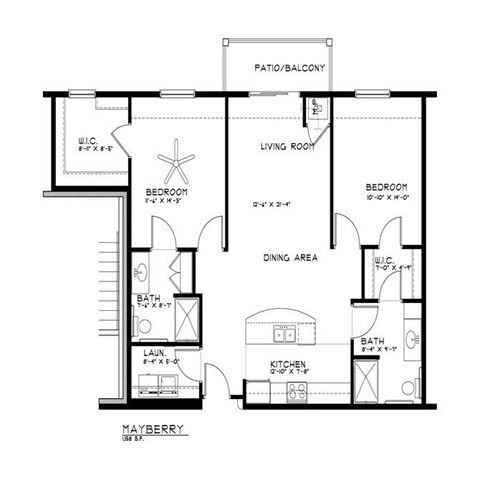 Floor plan for 2 beds, 2 baths, 1158 sqft