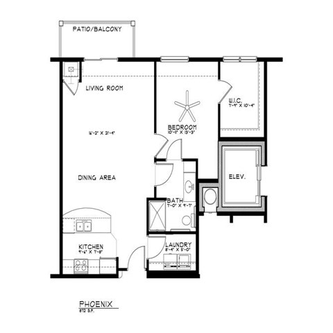 Floor plan for 1 bed, 1 bath, 872 sqft