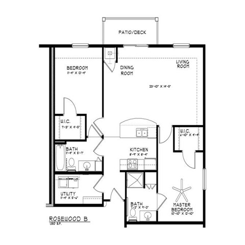 Floor plan for 2 beds, 2 baths, 1150 sqft