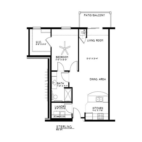 Floor plan for 1 bed, 1 bath, 806 sqft