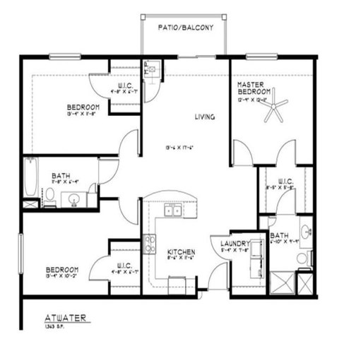 Floor plan for 3 beds, 2 baths, 1363 sqft