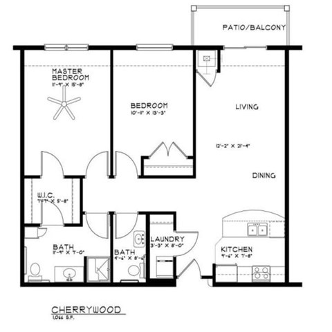 Floor plan for 2 beds, 1.5 baths, 1066 sqft