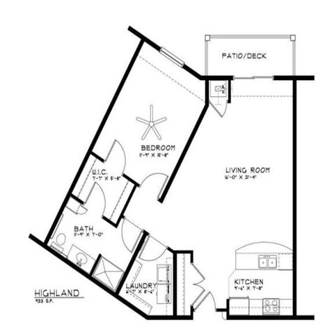 Floor plan for 1 bed, 1 bath, 933 sqft