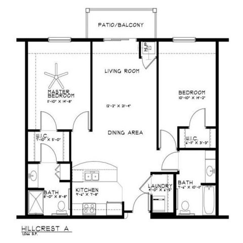 Floor plan for 2 beds, 2 baths, 1066 sqft