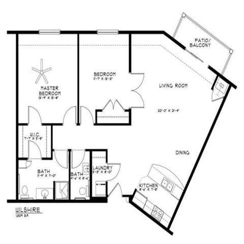Floor plan for 2 beds, 1.5 baths, 1309 sqft