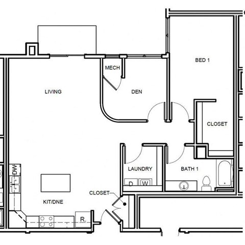 Floor plan for 1 bed, 1 bath, 1161 sqft