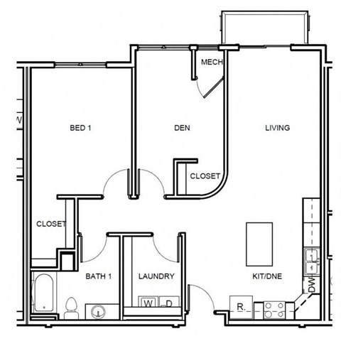 Floor plan for 1 bed, 1 bath, 1072 sqft