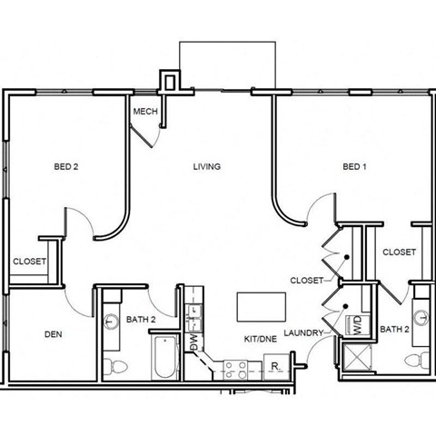 Floor plan for 2 beds, 2 baths, 1373 sqft