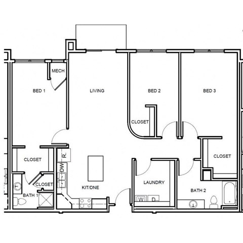 Floor plan for 3 beds, 2 baths, 1437 sqft