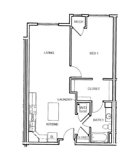 Floor plan for 1 bed, 1 bath, 879 sqft