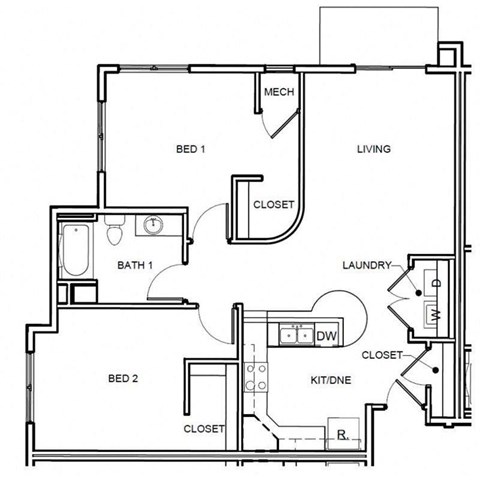 Floor plan for 2 beds, 1 bath, 1091 sqft