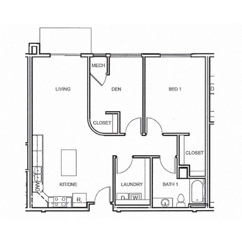 Floor plan for 1 bed, 1 bath, 1026 sqft