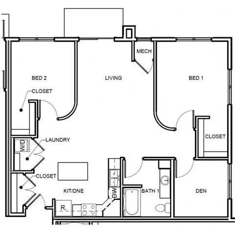 Floor plan for 2 beds, 1 bath, 1157 sqft