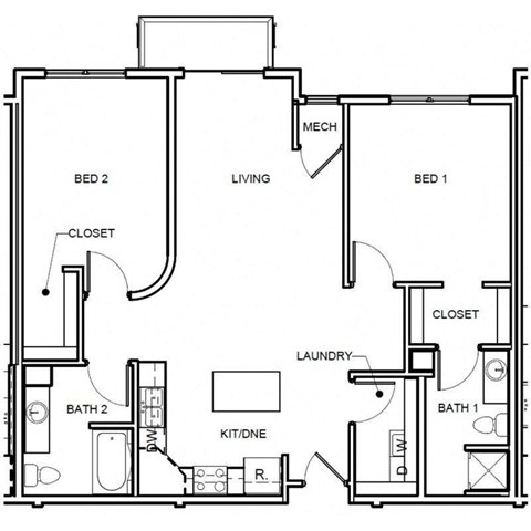 Floor plan for 2 beds, 2 baths, 1158 sqft