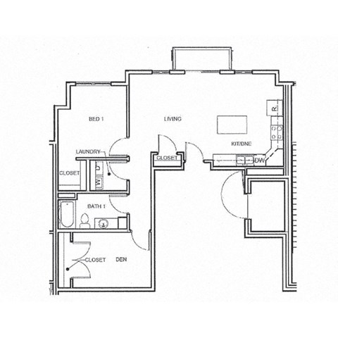 Floor plan for 1 bed, 1 bath, 938 sqft