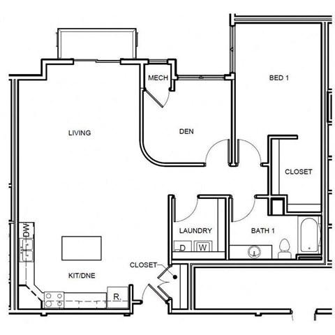 Floor plan for 1 bed, 1 bath, 1197 sqft