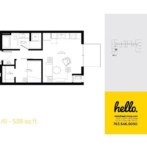 Floor plan for 1 bed, 1 bath, 538 sqft