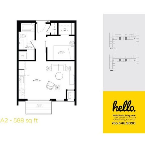 Floor plan for 1 bed, 1 bath, 588 sqft