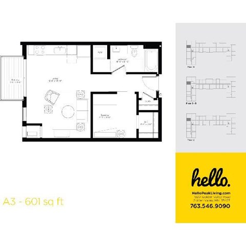 Floor plan for 1 bed, 1 bath, 601 sqft