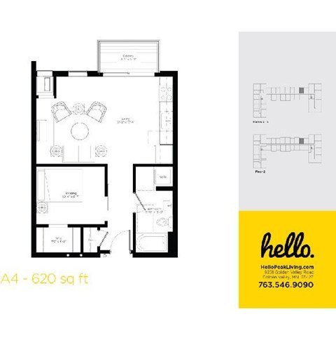 Floor plan for 1 bed, 1 bath, 620 sqft