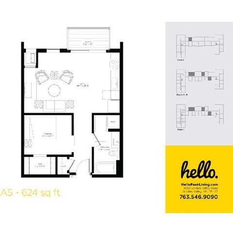 Floor plan for 1 bed, 1 bath, 624 sqft
