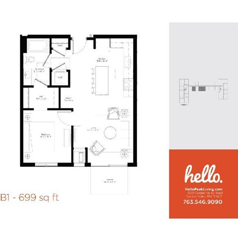 Floor plan for 1 bed, 1 bath, 669 sqft