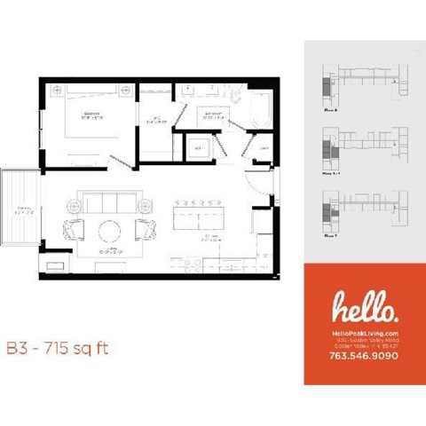 Floor plan for 1 bed, 1 bath, 715 sqft