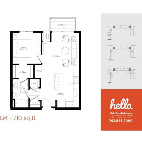 Floor plan for 1 bed, 1 bath, 710 sqft