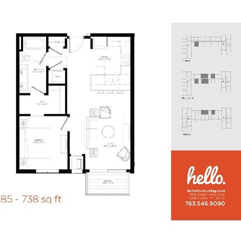 Floor plan for 1 bed, 1 bath, 738 sqft