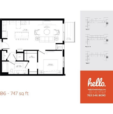 Floor plan for 1 bed, 1 bath, 747 sqft