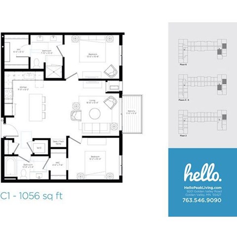 Floor plan for 2 beds, 2 baths, 1056 sqft
