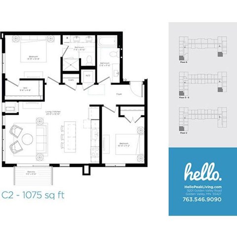 Floor plan for 2 beds, 2 baths, 1075 sqft