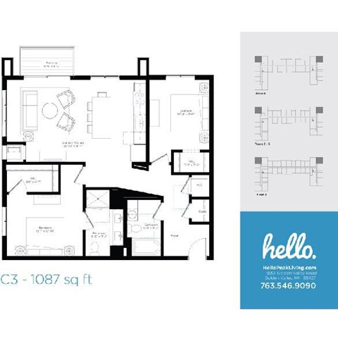 Floor plan for 2 beds, 2 baths, 1087 sqft