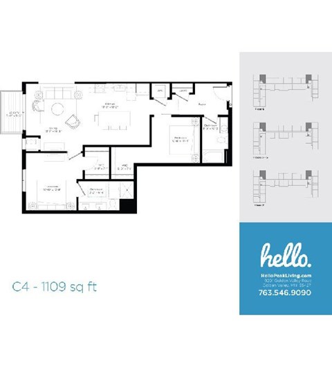 Floor plan for 2 beds, 2 baths, 1109 sqft