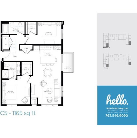 Floor plan for 2 beds, 2 baths, 1165 sqft