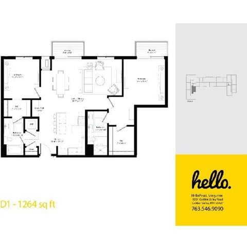 Floor plan for 2 beds, 2 baths, 1264 sqft